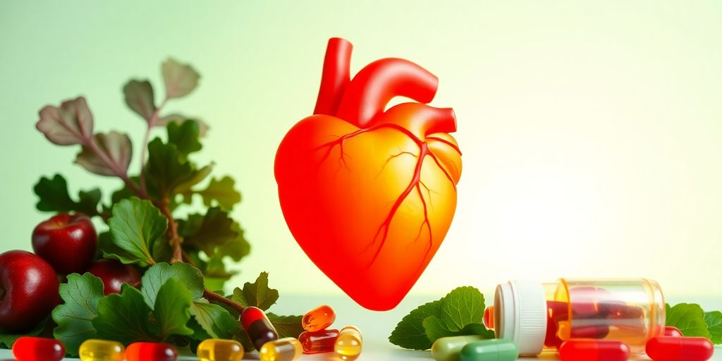 Heart with supplements and greens for heart health.