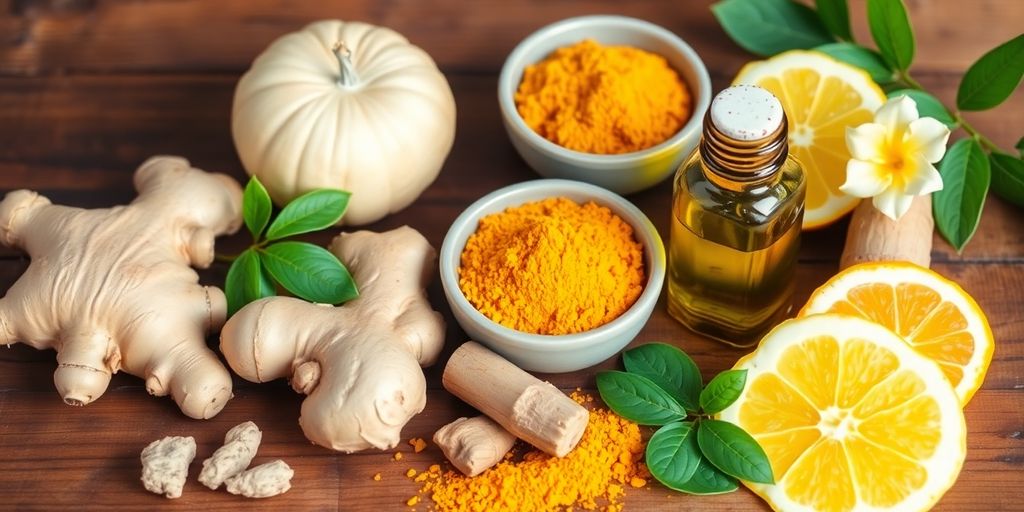Natural ingredients for knee pain relief on wooden surface.