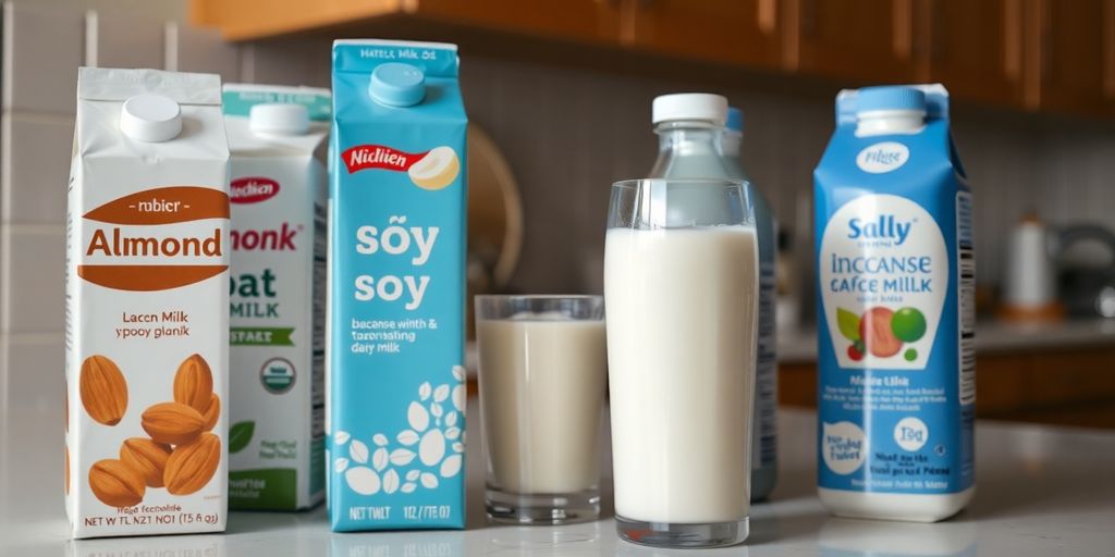 Assortment of lactose-free and plant-based milks on a kitchen surface.