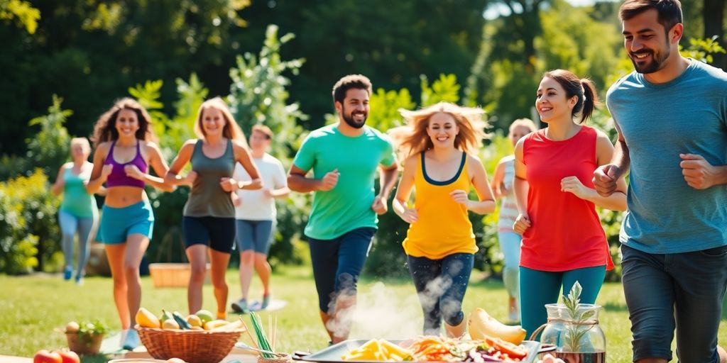 Group of people enjoying healthy activities outdoors.
