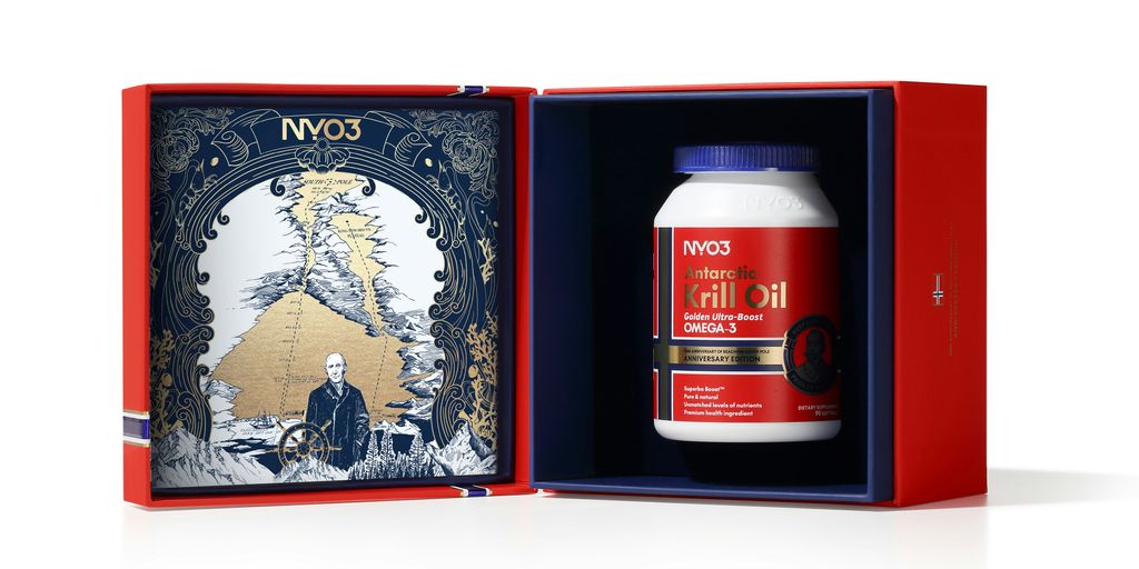 A red and blue box with a bottle in it